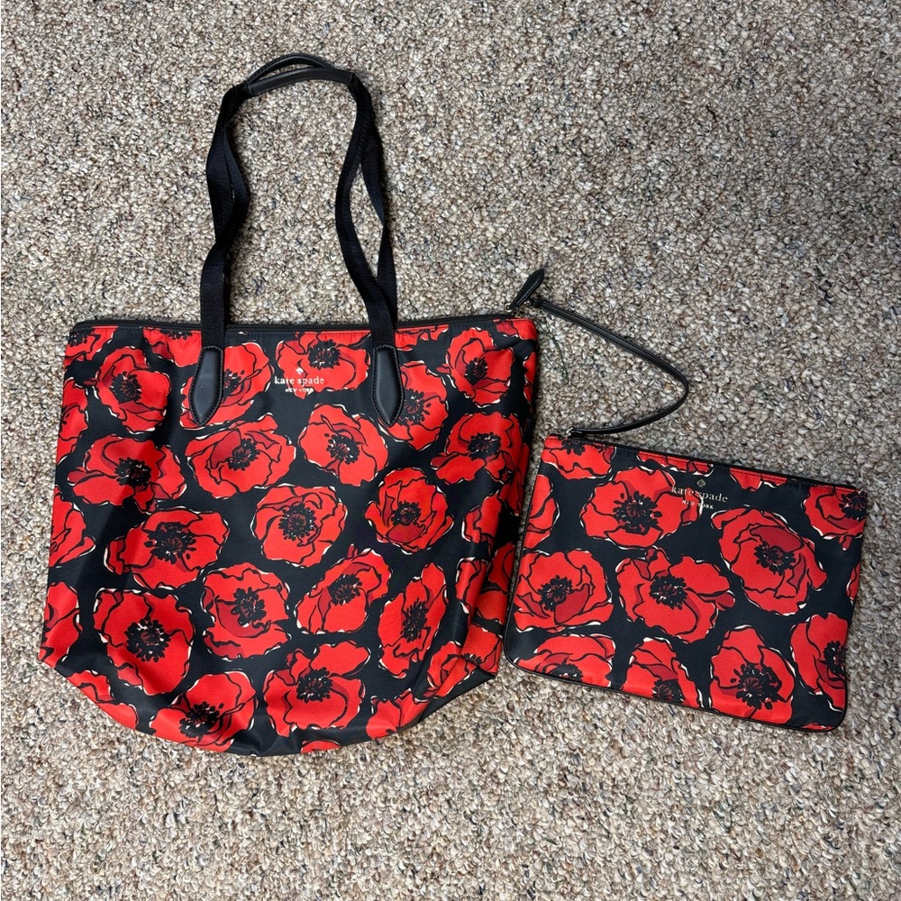 Kate Spade Red Floral Tote and Pouch Set